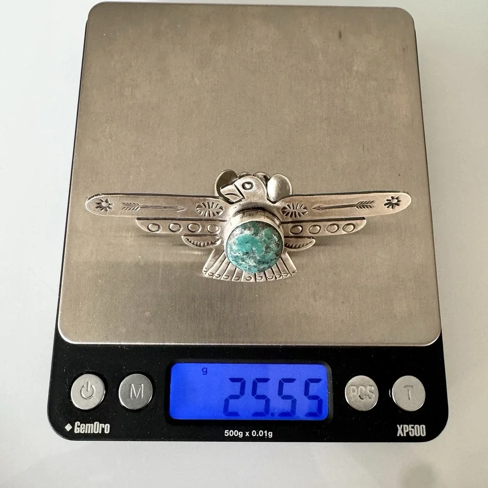 HUGE Navajo Turquoise Thunderbird Ring Sz 8 Stamped Sterling Silver Signed James